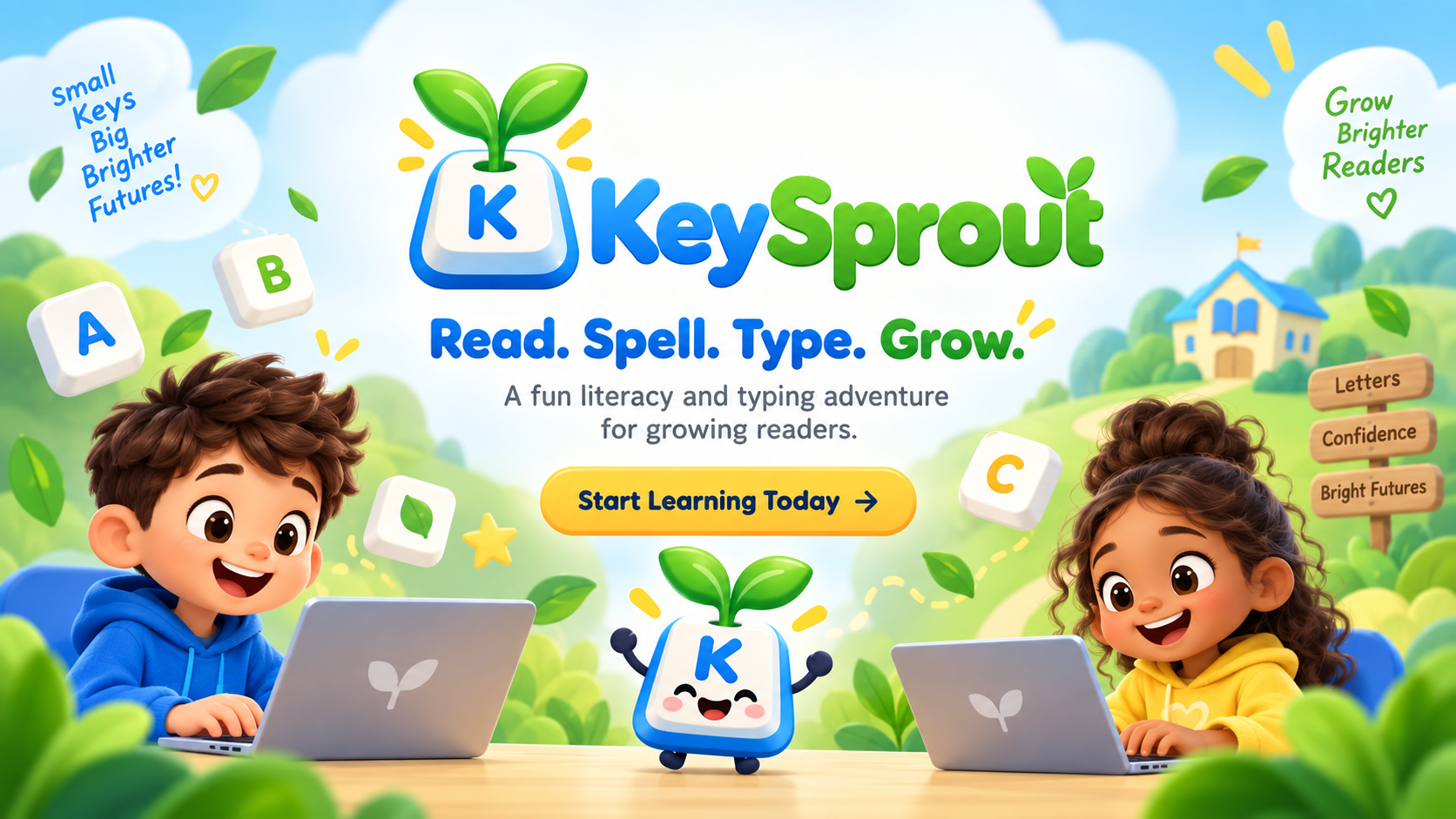 KeySprout mascot, a smiling keycap with a green sprout, standing between two children happily typing on laptops in a sunny garden scene.